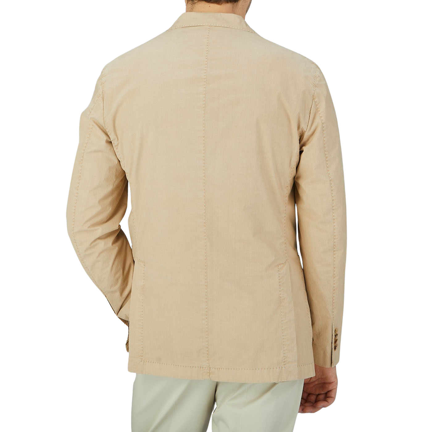 The skilled craftsmanship of a Boglioli K Jacket is evident in the design of this tan Boglioli jacket, which is showcased from the back view on a man.