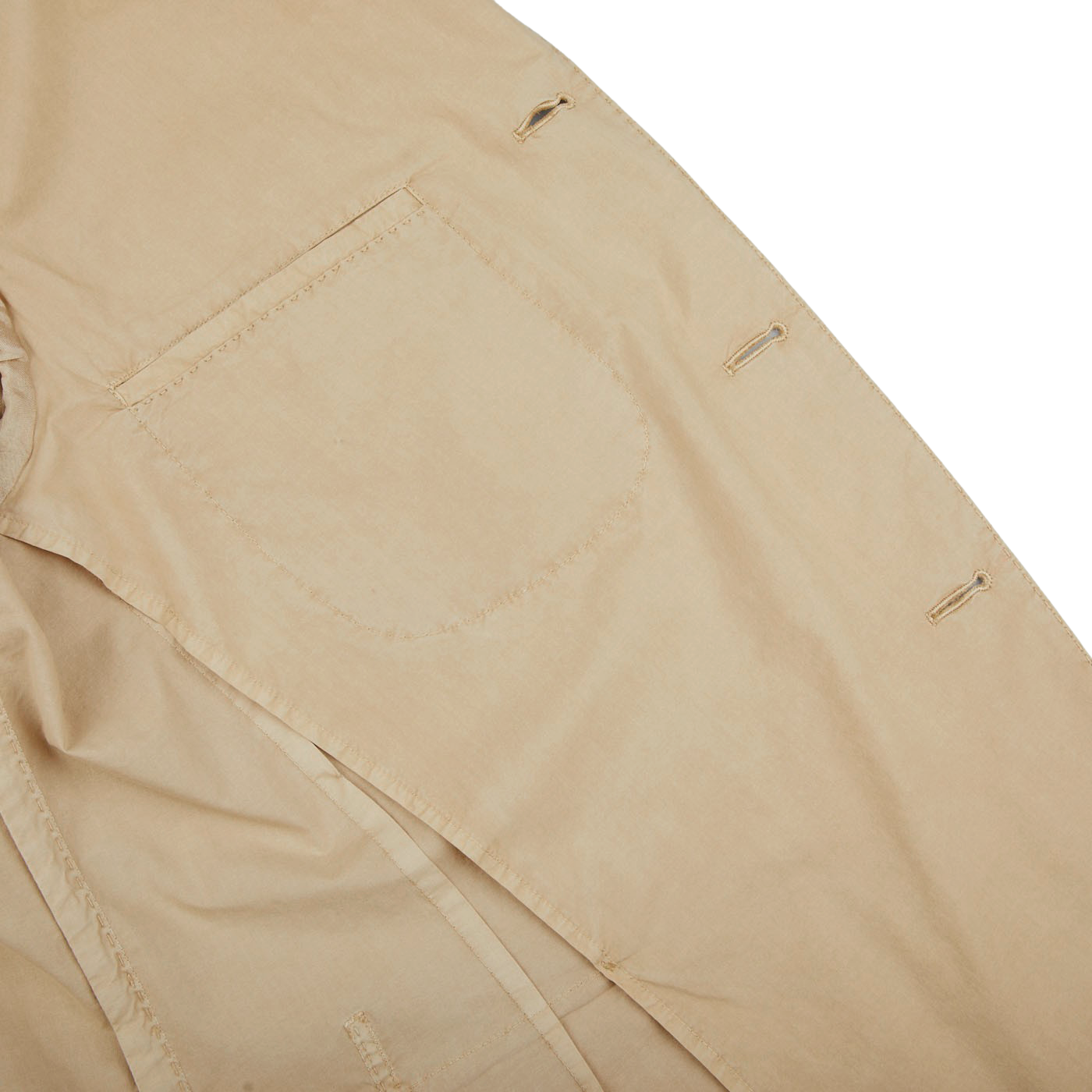 A close up of a Boglioli Khaki Beige Washed Cotton K Jacket with pockets, showcasing its impeccable craftsmanship.