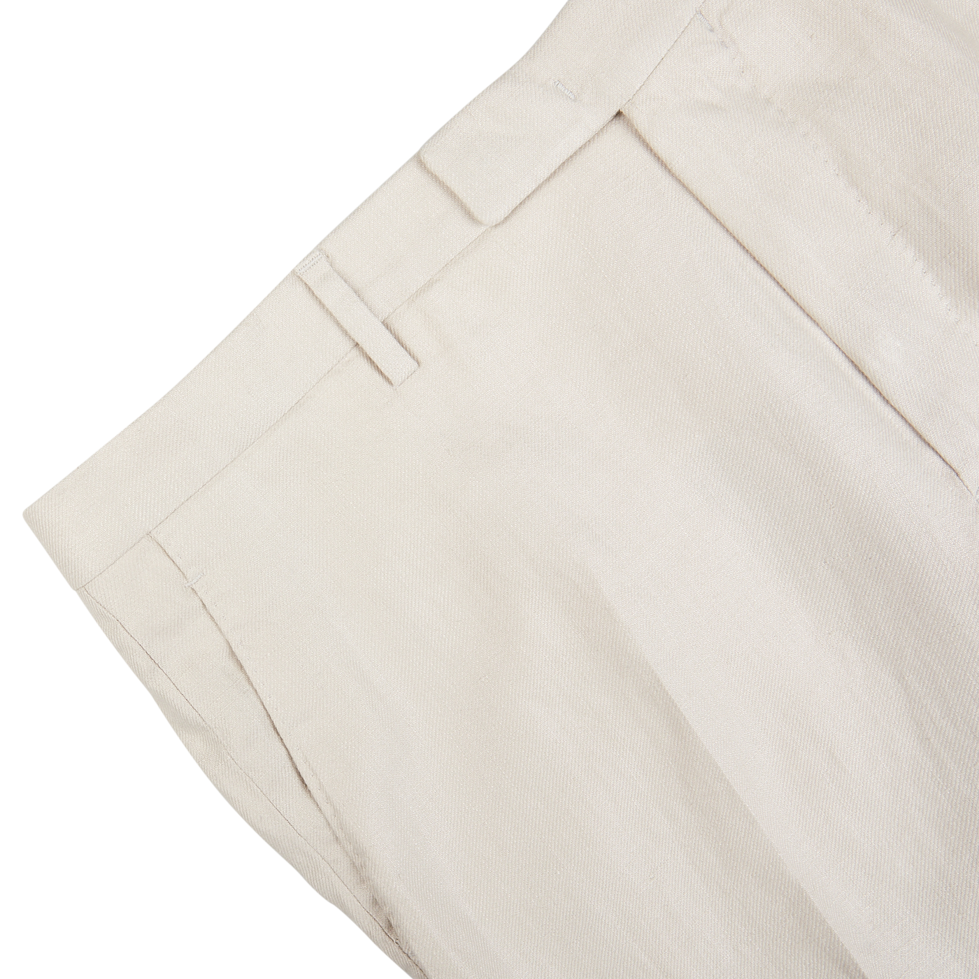 Close-up of a light beige Boglioli linen trouser waistband with a belt loop on a white background.