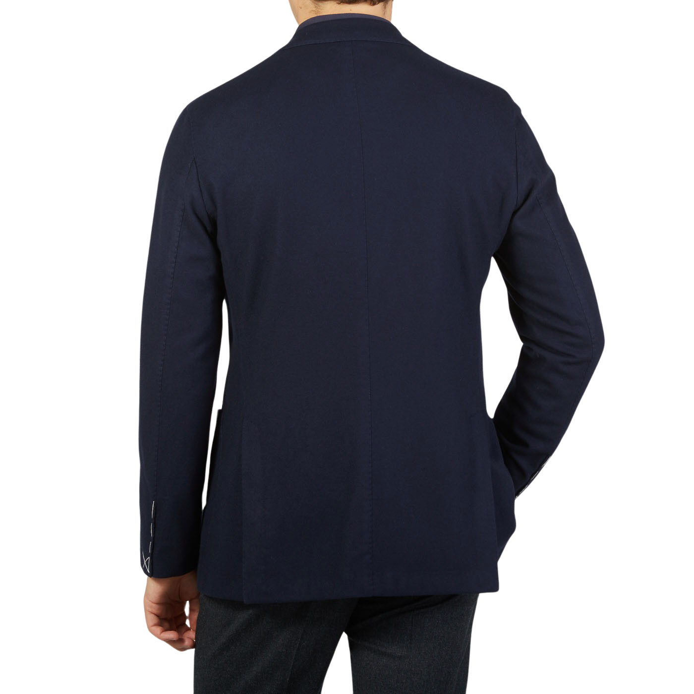 The back view of a man wearing a Boglioli Navy Blue Brushed Wool K Jacket.