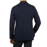 The back view of a man wearing a Boglioli Navy Blue Brushed Wool K Jacket.