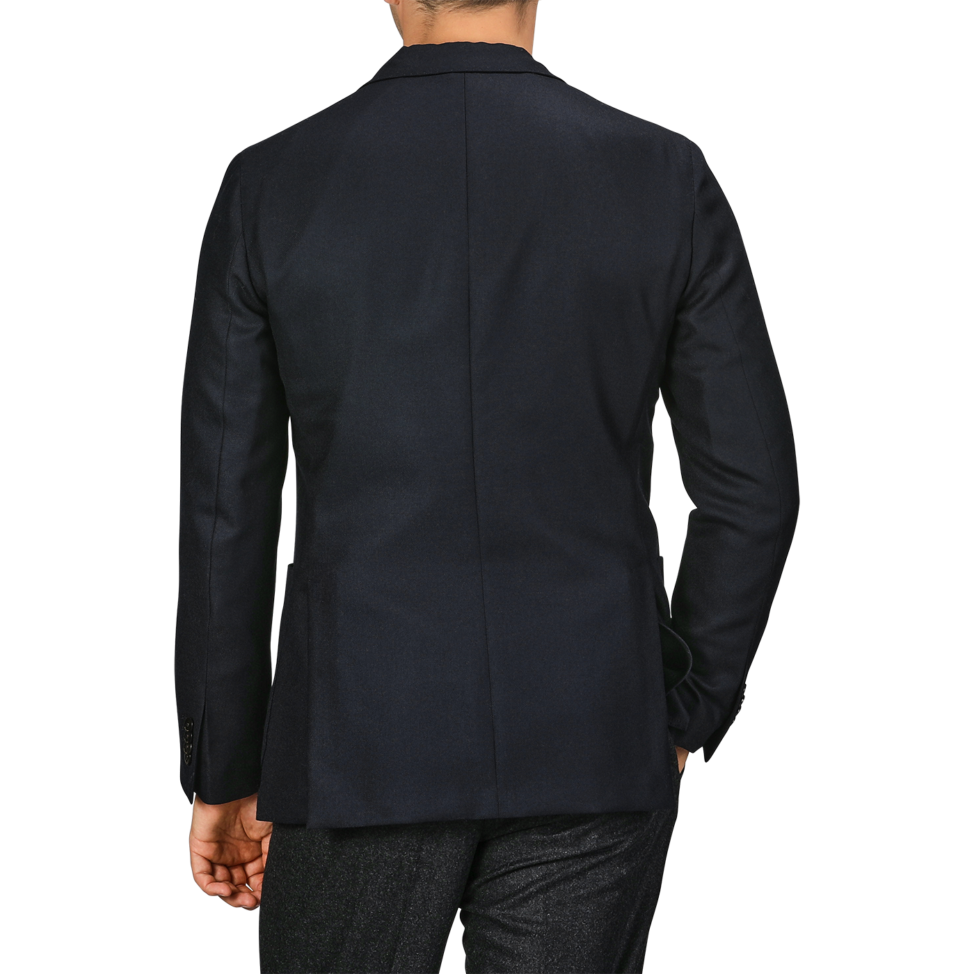 A man is seen from behind, wearing a Navy Blue Virgin Wool K Jacket by Boglioli and matching navy pants.