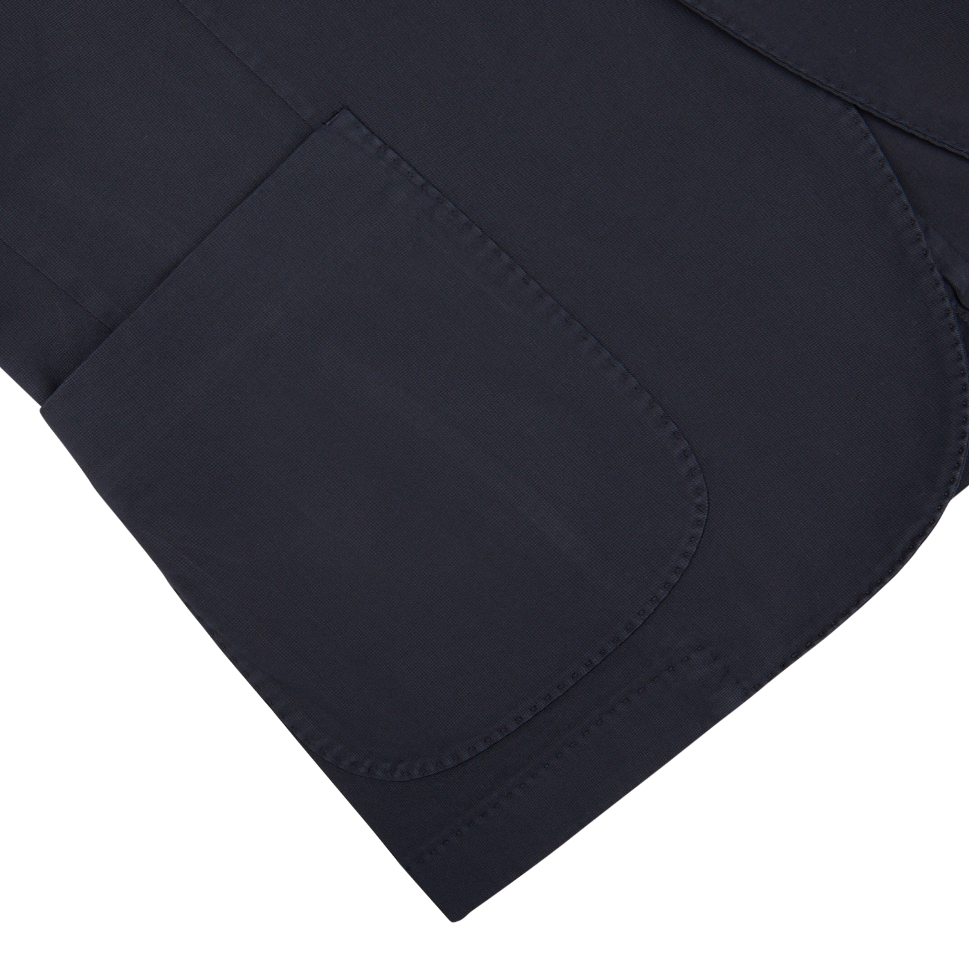 Close-up of a dark Boglioli Navy Blue Washed Cotton K Jacket fabric with a pocket detail, showcasing unstructured craftsmanship from Italy.