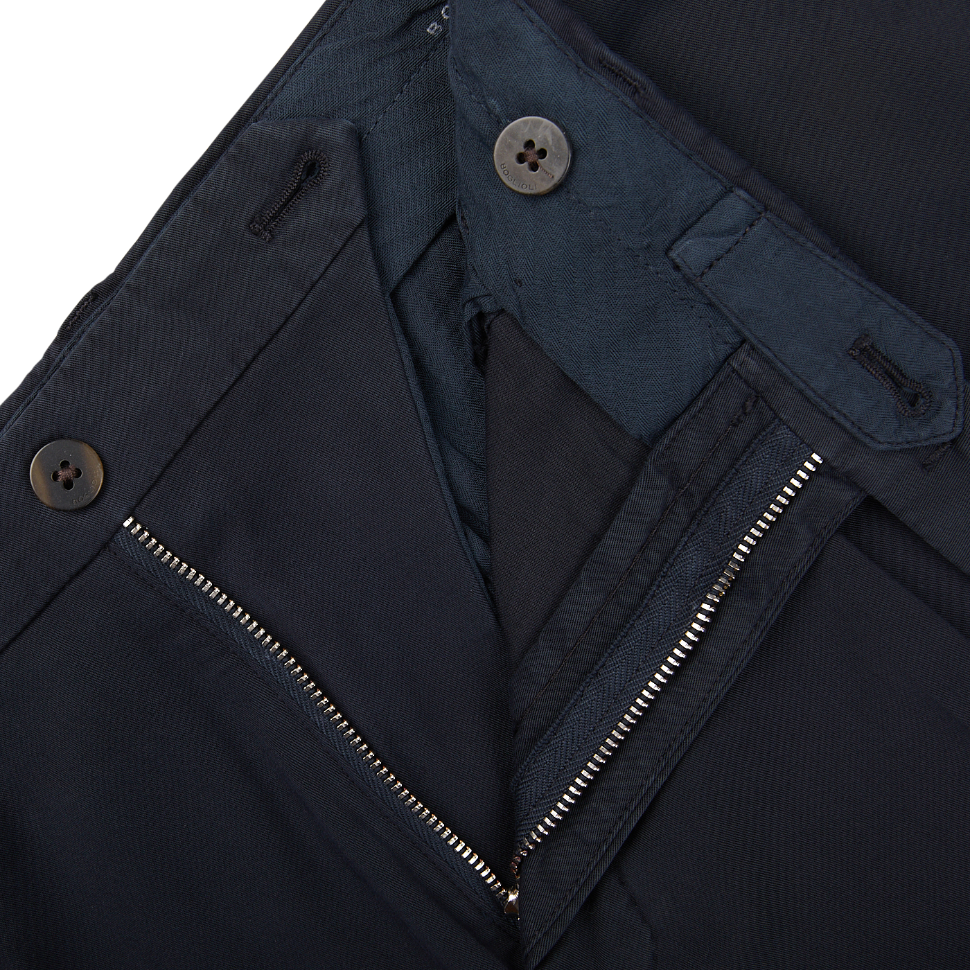 Close-up of a Boglioli navy blue jacket with zipped pocket and button details.