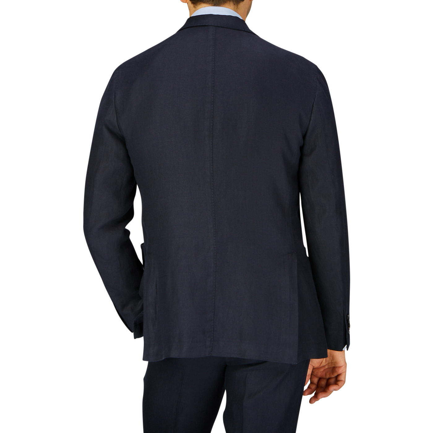 Rear view of a person wearing a Navy Blue Washed Irish Linen Boglioli K Jacket.