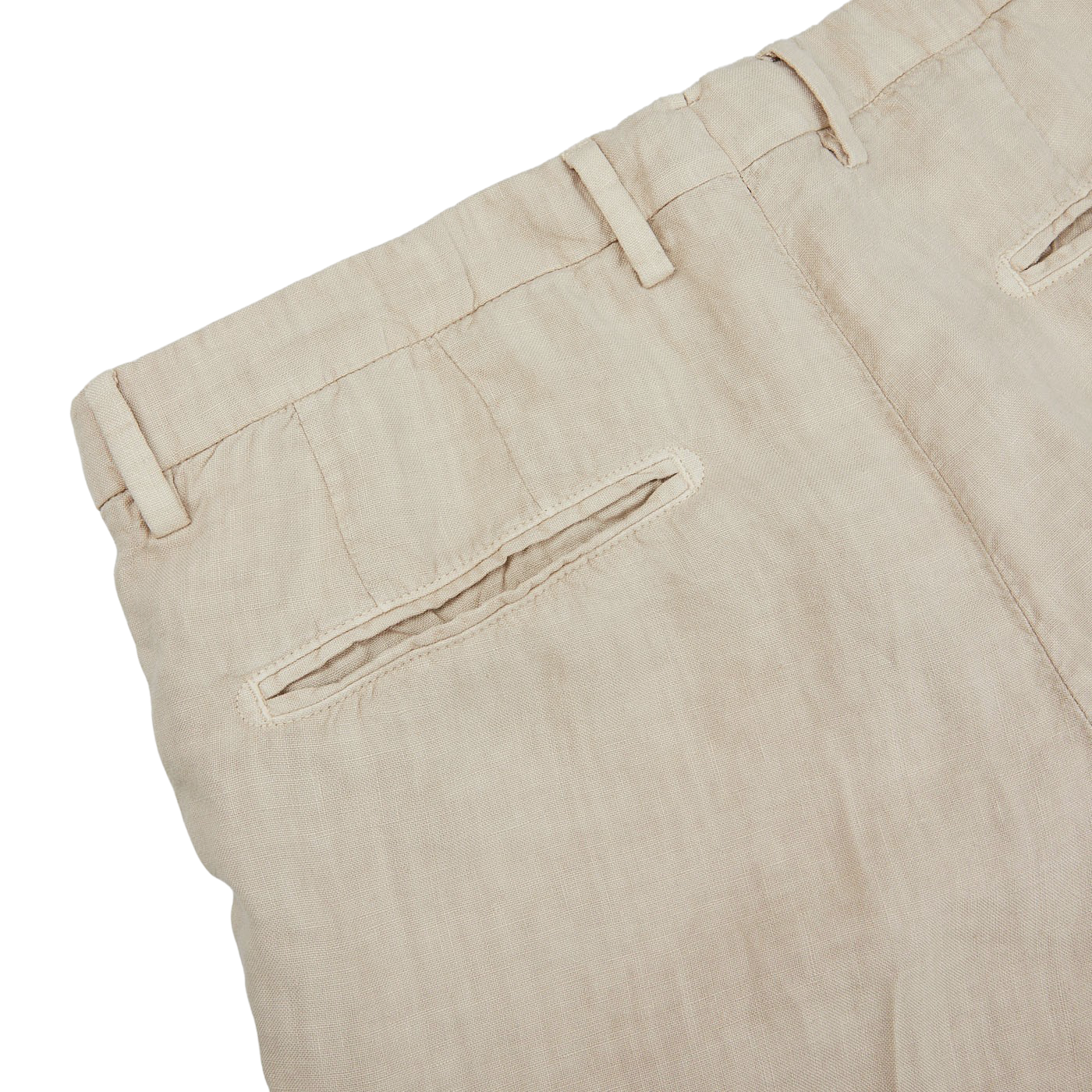 A close up of a Boglioli Sand Beige Washed Linen Unstructured Suit trouser, made with linen fabric.