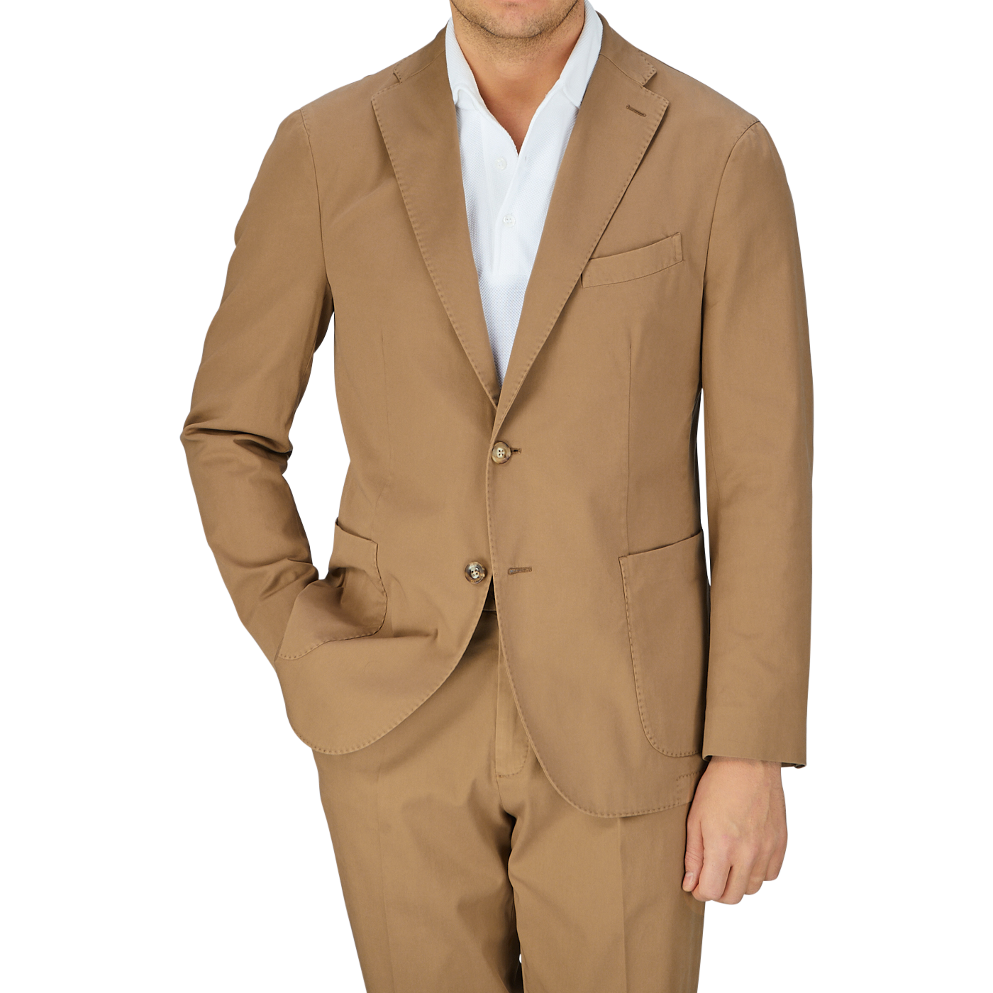 Man wearing an unstructured Boglioli tobacco brown washed cotton K Jacket with a white shirt, crafted in Italy.