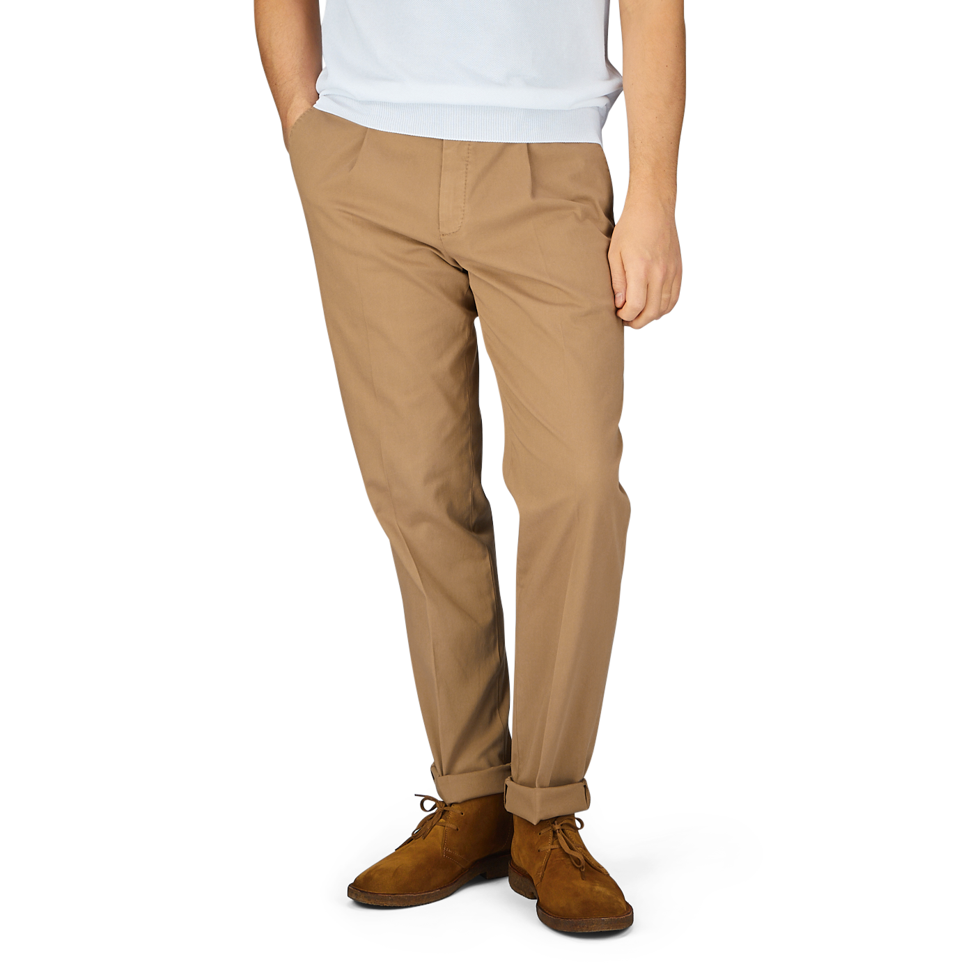 Man wearing Boglioli tobacco brown washed cotton pleated trousers and brown suede shoes.