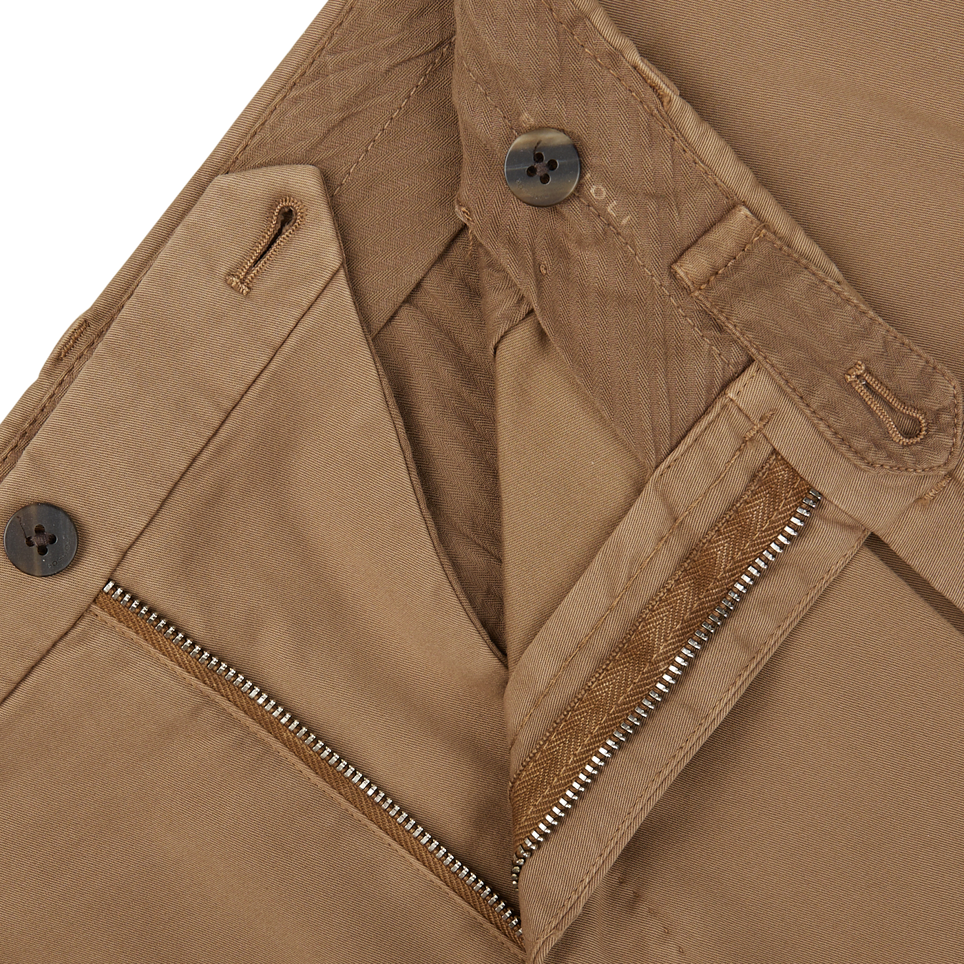 Close-up of Boglioli Tobacco Brown Washed Cotton Pleated Trousers with a zipper and button detail.