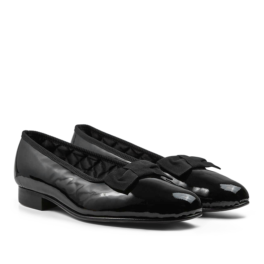 A pair of Black Patent Leather Bow Opera Pumps from Bowhill Elliott with bows.