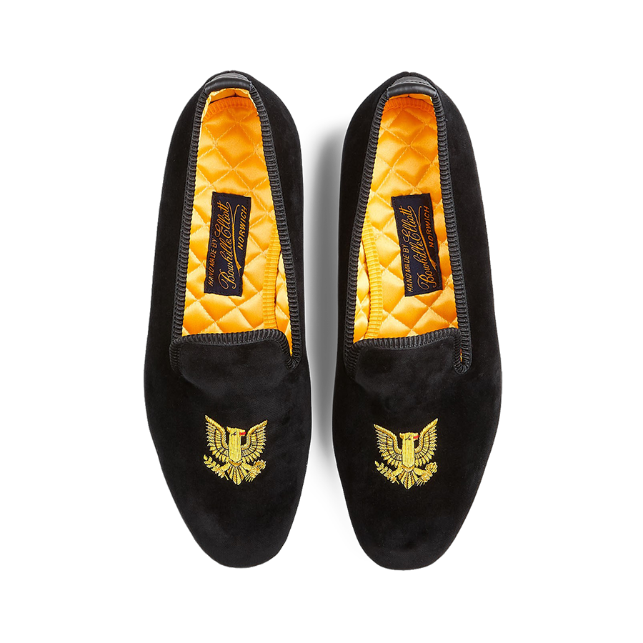 A pair of Black Velvet American Eagle slippers by Bowhill Elliott with embroidered golden eagles and quilted insoles.