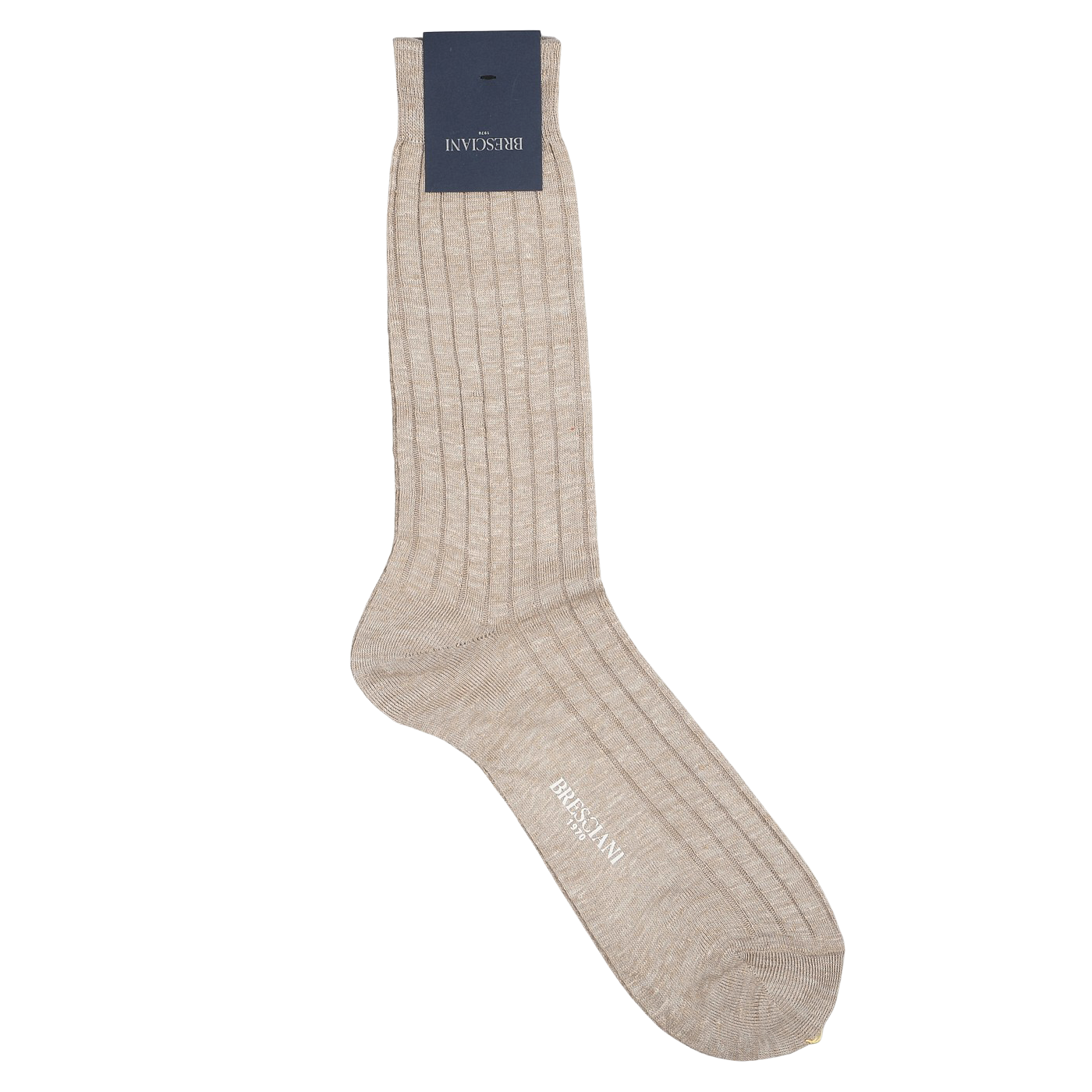 A single Beige Melange Ribbed Linen Sock featuring a dark tag at the top, crafted in Italy, with the brand name "Bresciani" visible near the toe area.