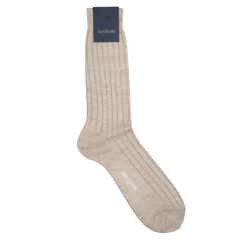 A single Beige Melange Ribbed Linen Sock featuring a dark tag at the top, crafted in Italy, with the brand name "Bresciani" visible near the toe area.