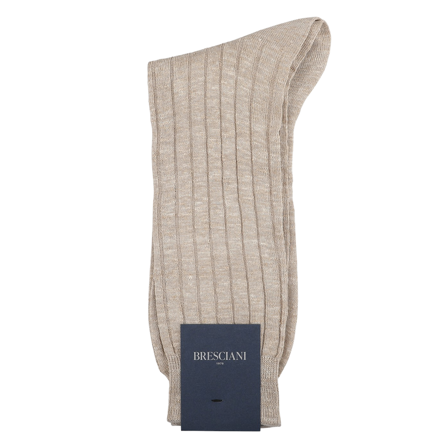 A folded pair of Beige Melange Ribbed Linen Socks with a blue label featuring the "Bresciani" brand at the bottom, made in Italy.