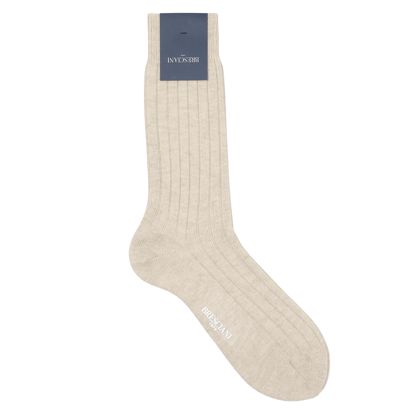 A single Bresciani Beige Ribbed Wool Cashmere sock is displayed flat on a white background, featuring a dark blue label attached at the top.