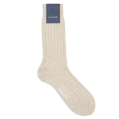 A single Bresciani Beige Ribbed Wool Cashmere sock is displayed flat on a white background, featuring a dark blue label attached at the top.