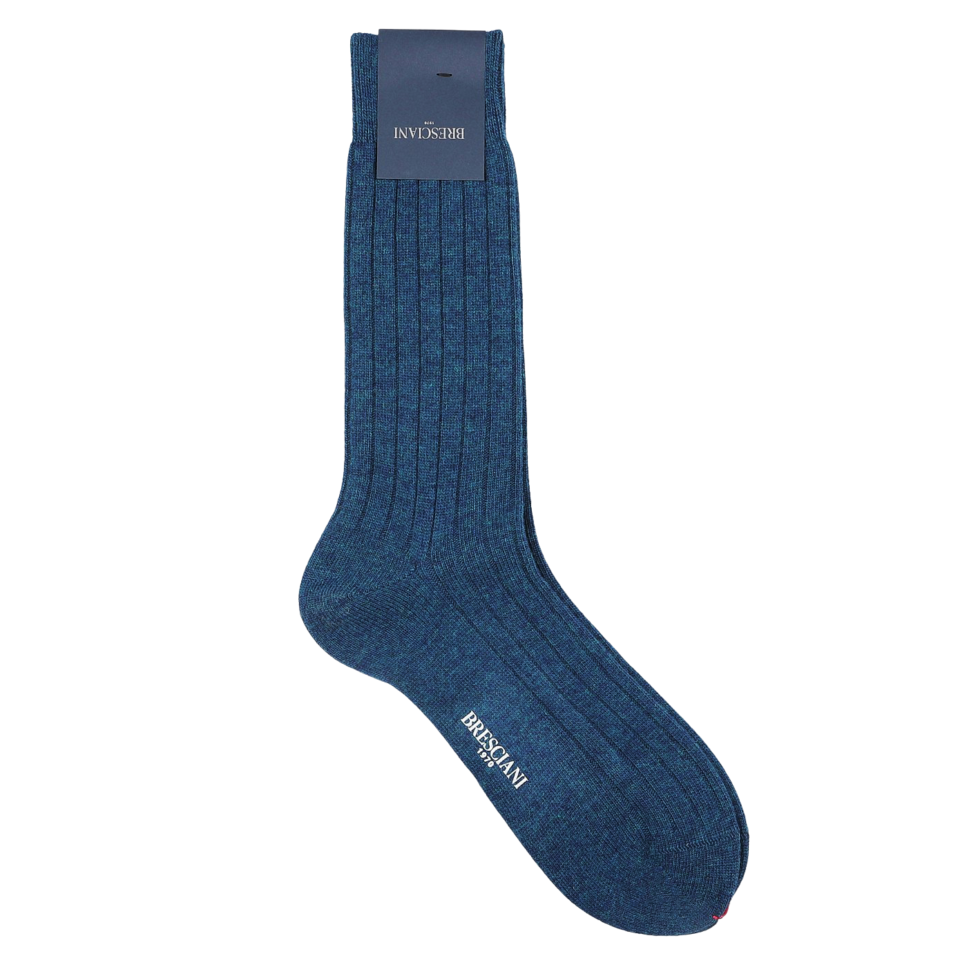 The Blue Melange Ribbed Wool Cashmere Sock by Bresciani, crafted from luxurious wool-cashmere blend, elegantly rests on a white background with its label attached at the top. Made in Italy, it promises both comfort and style.