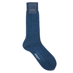 The Blue Melange Ribbed Wool Cashmere Sock by Bresciani, crafted from luxurious wool-cashmere blend, elegantly rests on a white background with its label attached at the top. Made in Italy, it promises both comfort and style.