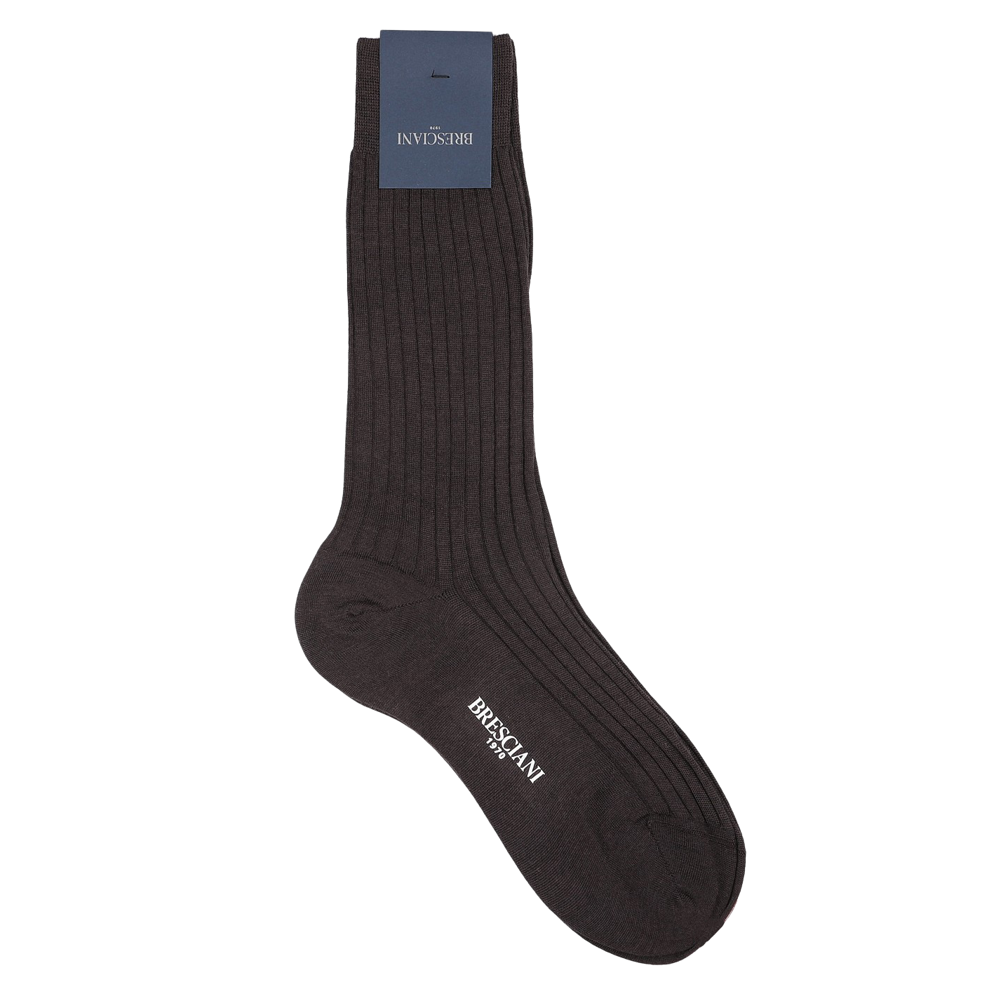 A single sock in dark brown with a ribbed design, featuring a label displaying the Bresciani brand near the toe. This stylish item is expertly crafted in Italy from a premium wool nylon blend for maximum comfort and durability.