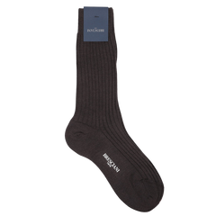 A single sock in dark brown with a ribbed design, featuring a label displaying the Bresciani brand near the toe. This stylish item is expertly crafted in Italy from a premium wool nylon blend for maximum comfort and durability.