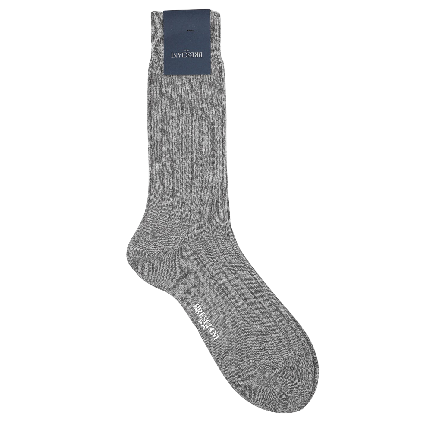 A single sock from the Grey Melange Ribbed Wool Cashmere Socks collection by Bresciani is displayed flat, crafted from a luxurious wool-cashmere blend. It features a dark label at the top, proudly highlighting its "made in Italy" origin.