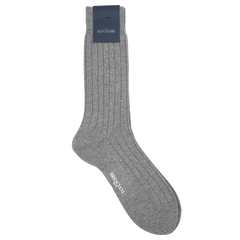 A single sock from the Grey Melange Ribbed Wool Cashmere Socks collection by Bresciani is displayed flat, crafted from a luxurious wool-cashmere blend. It features a dark label at the top, proudly highlighting its "made in Italy" origin.