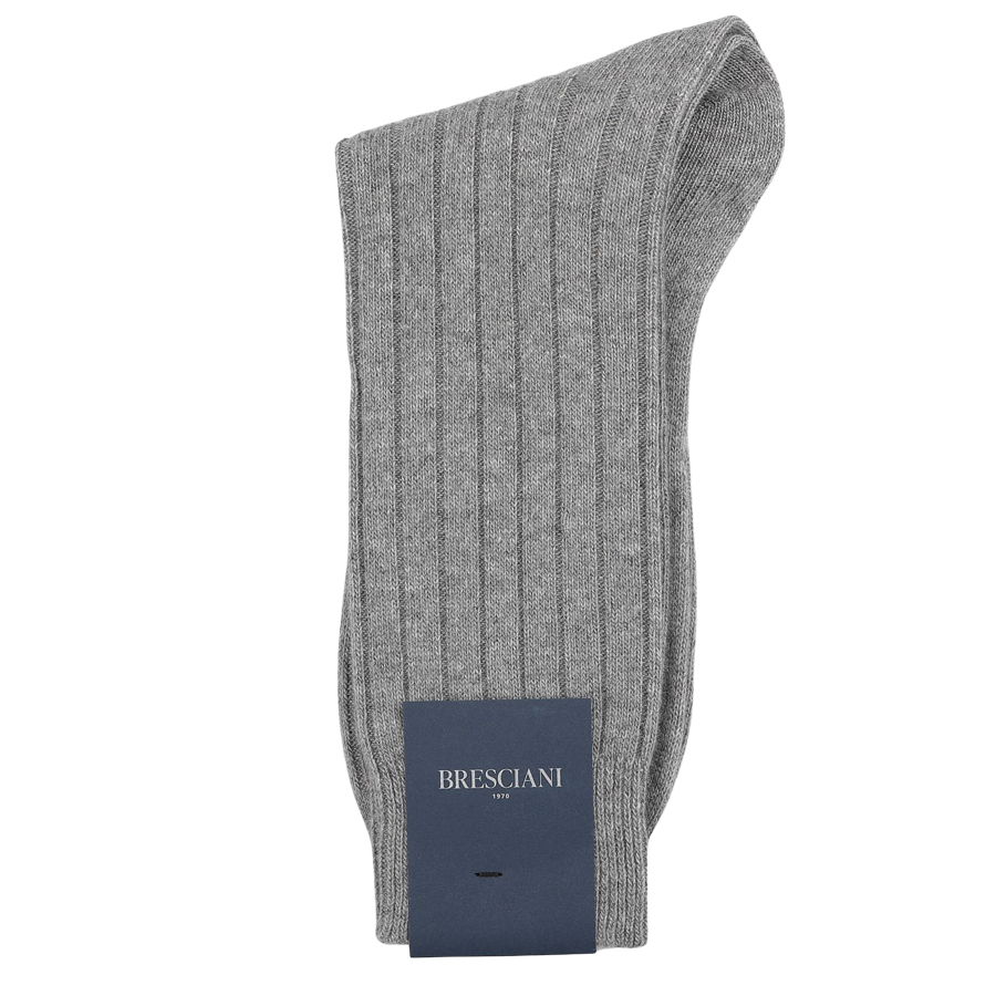 A single Grey Melange Ribbed Wool Cashmere sock, elegantly folded with a blue tag featuring "Bresciani," highlights its exquisite Italian craftsmanship.