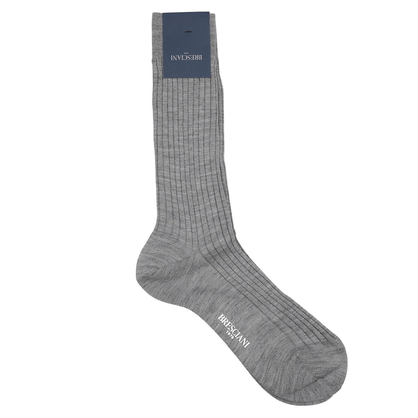 Light Grey Ribbed Wool Nylon Socks by Bresciani, crafted from a luxurious wool-nylon blend, with a label, displayed flat on a white background. Made in Italy.