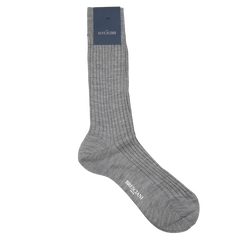 Light Grey Ribbed Wool Nylon Socks by Bresciani, crafted from a luxurious wool-nylon blend, with a label, displayed flat on a white background. Made in Italy.