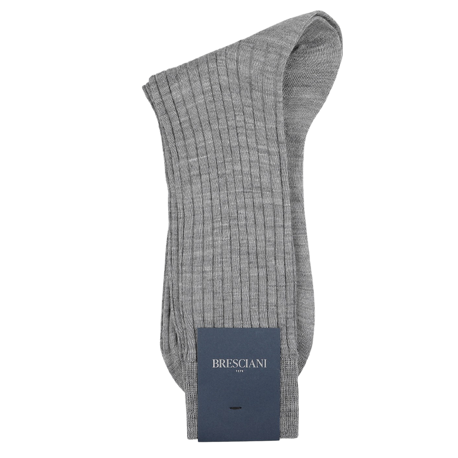 The Light Grey Ribbed Wool Nylon Socks by Bresciani, neatly folded with a blue brand label, are crafted in Italy from a premium wool-nylon blend, effortlessly combining comfort and style.