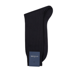 A pair of ankle-length Navy Blue Ribbed Wool Nylon socks with a label that reads Bresciani.
