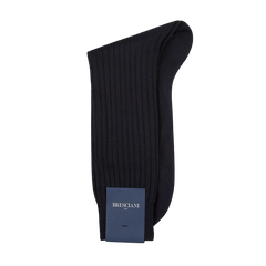 A pair of ankle-length Navy Blue Ribbed Wool Nylon socks with a label that reads Bresciani.