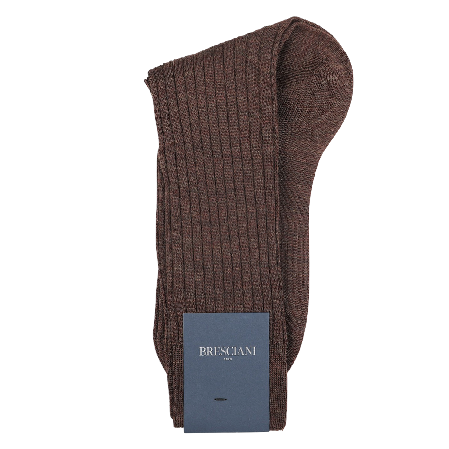 Rust Brown Ribbed Wool Nylon Socks by Bresciani, made in Italy from a warm wool-nylon blend, neatly folded with a signature blue label.