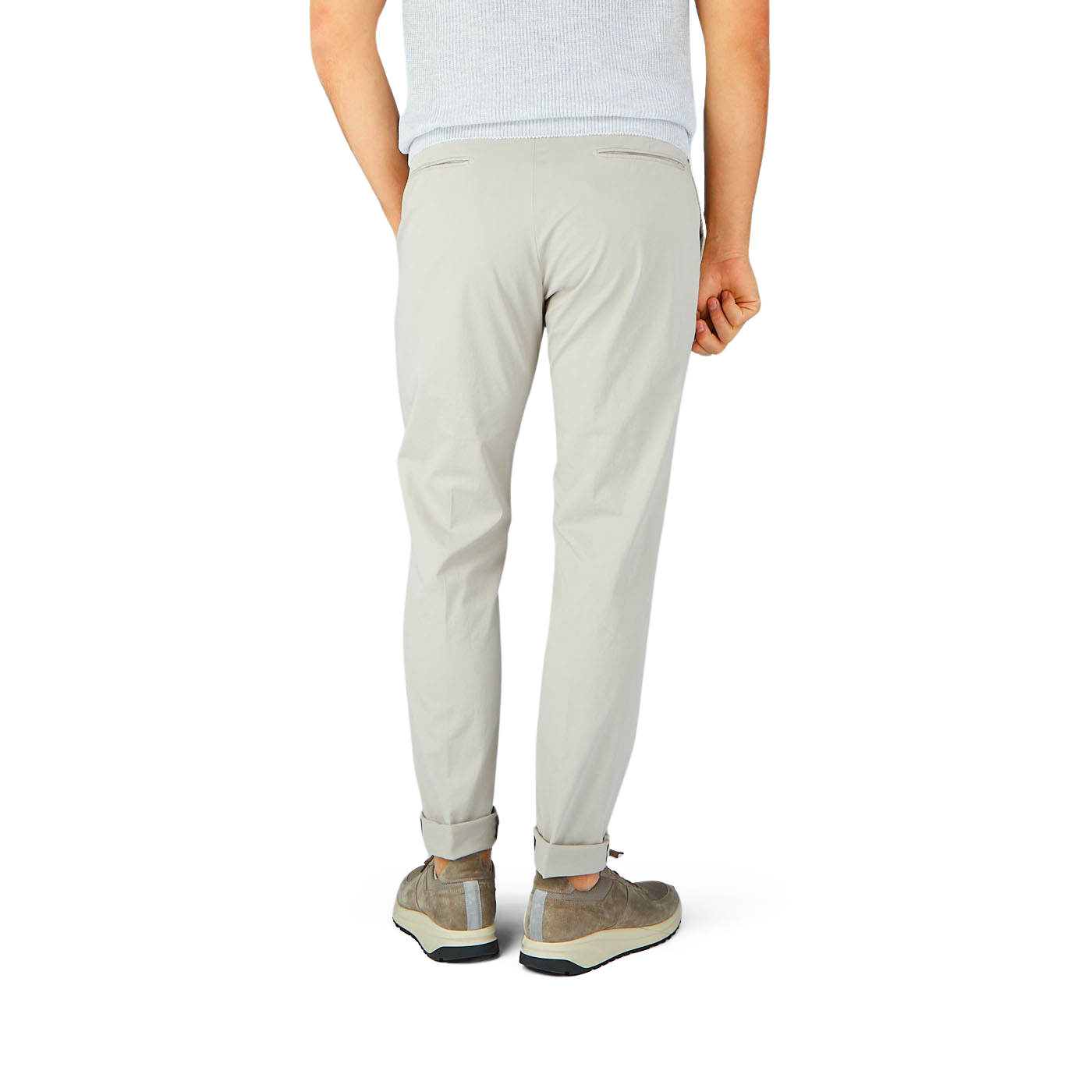 The back of a man wearing Briglia Light Beige Cotton Stretch BG07 Pleated Chinos.
