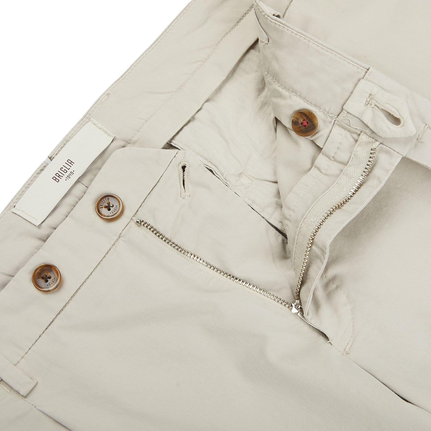 The back pocket of Light Beige Cotton Stretch BG07 Pleated Chinos, made from cotton with a touch of stretch by Italian trouser specialist Briglia.