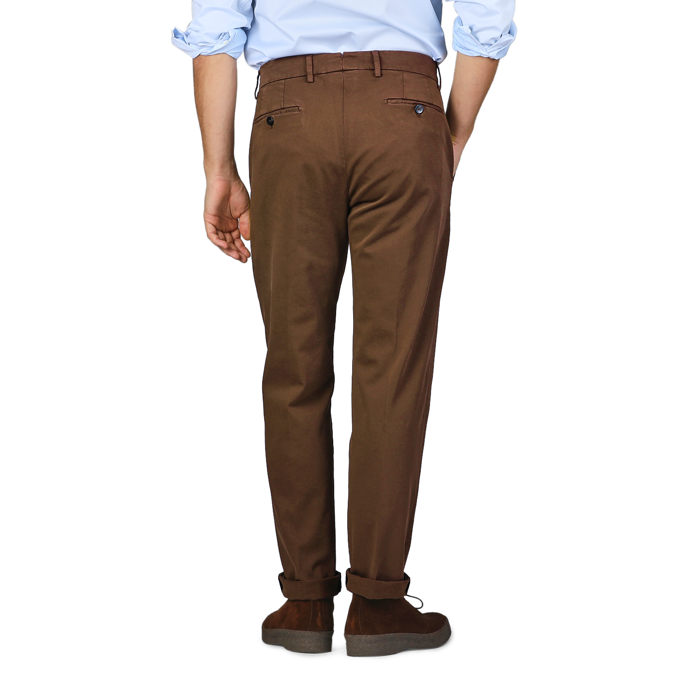 A person wearing Briglia's Brown Cotton Stretch Soho Trousers, a blue shirt, and brown shoes is shown from the back, standing against a plain background.