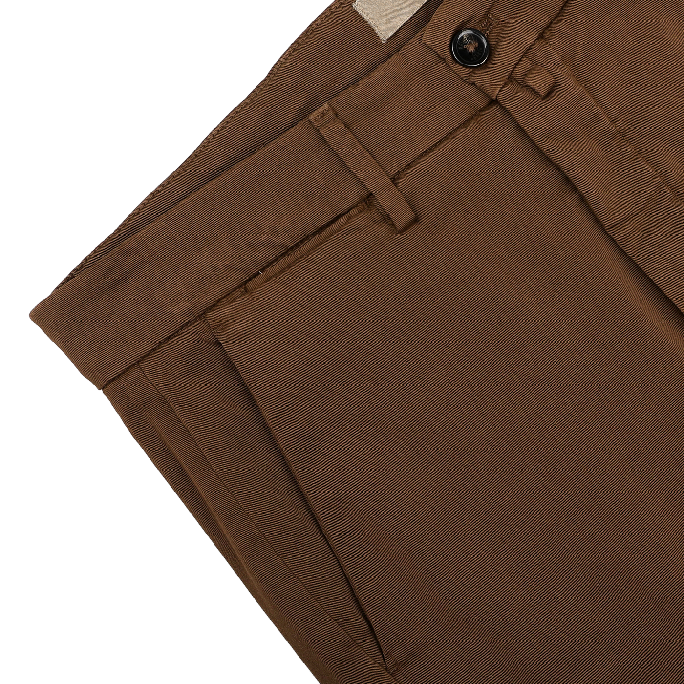 Close-up of Briglia's Brown Cotton Stretch Soho Trousers, designed with soft cotton twill, belt loops, and a top button, displayed flat on a white surface.