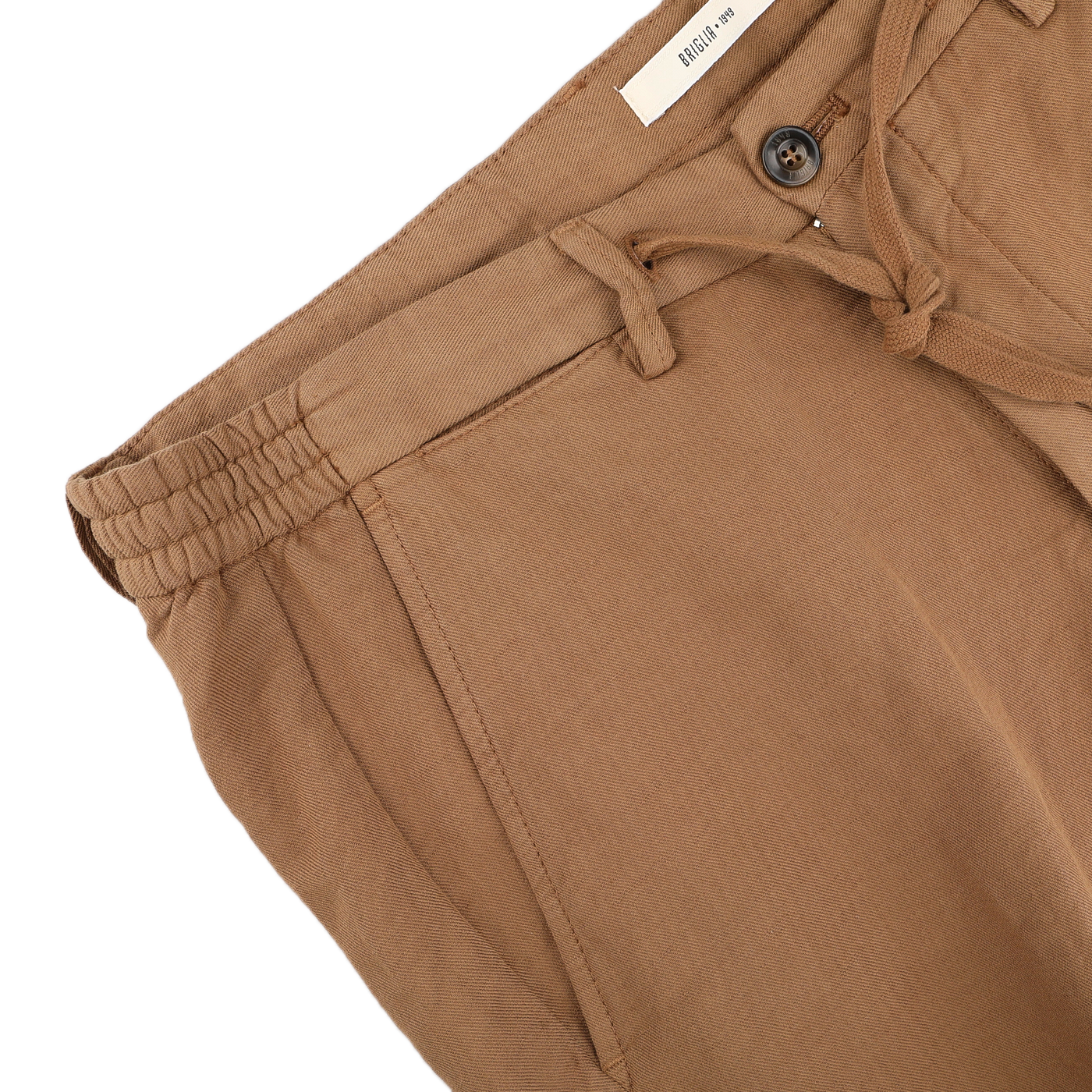 A pair of Briglia Camel Brown Cotton Linen Drawstring Malibu Shorts, with a comfy elastic waistband and button closure, is neatly folded on a flat surface.