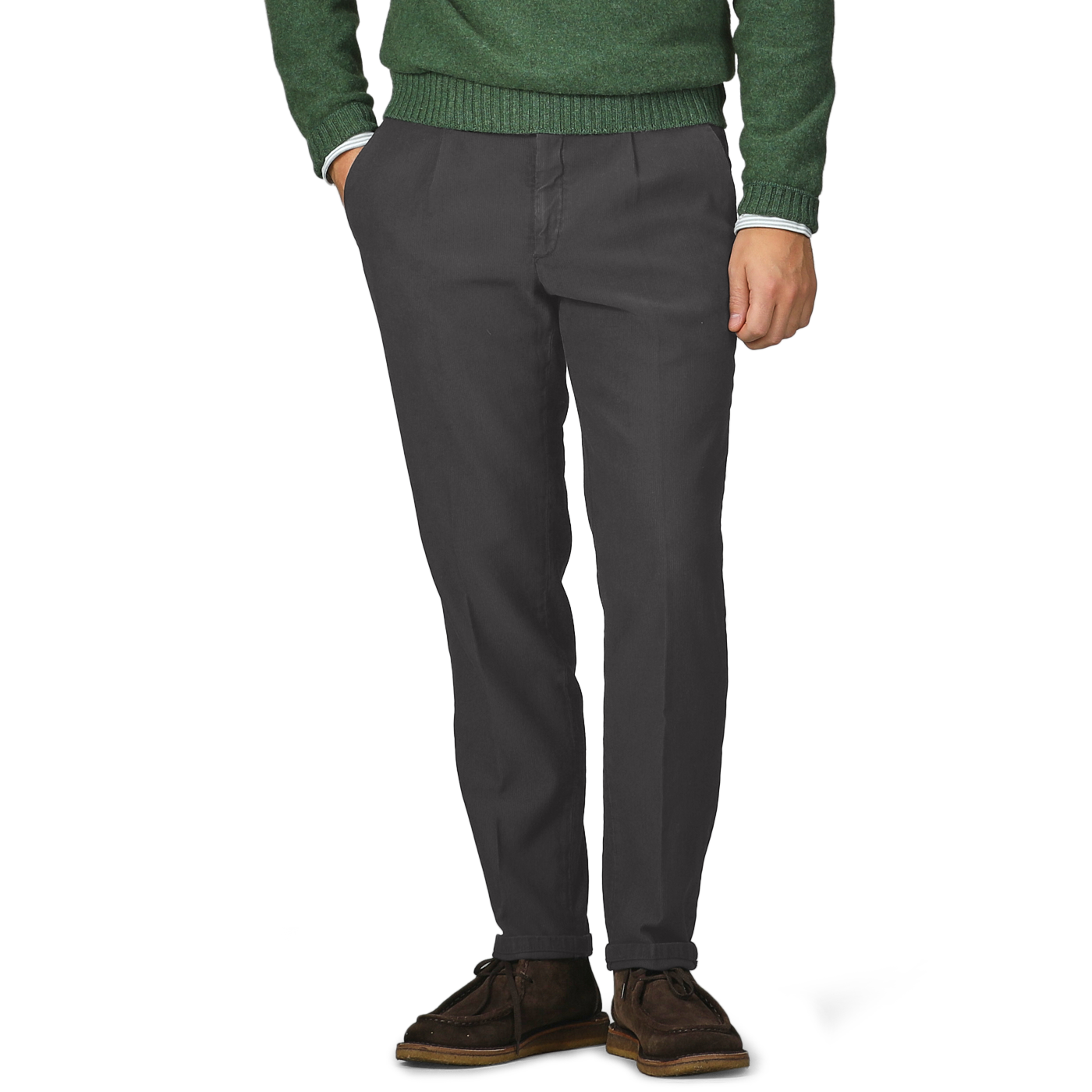 A person wearing a green sweater and Briglia's Dark Grey Cotton Twill BG21 Pleated Trousers, hands in pockets, with brown shoes visible.