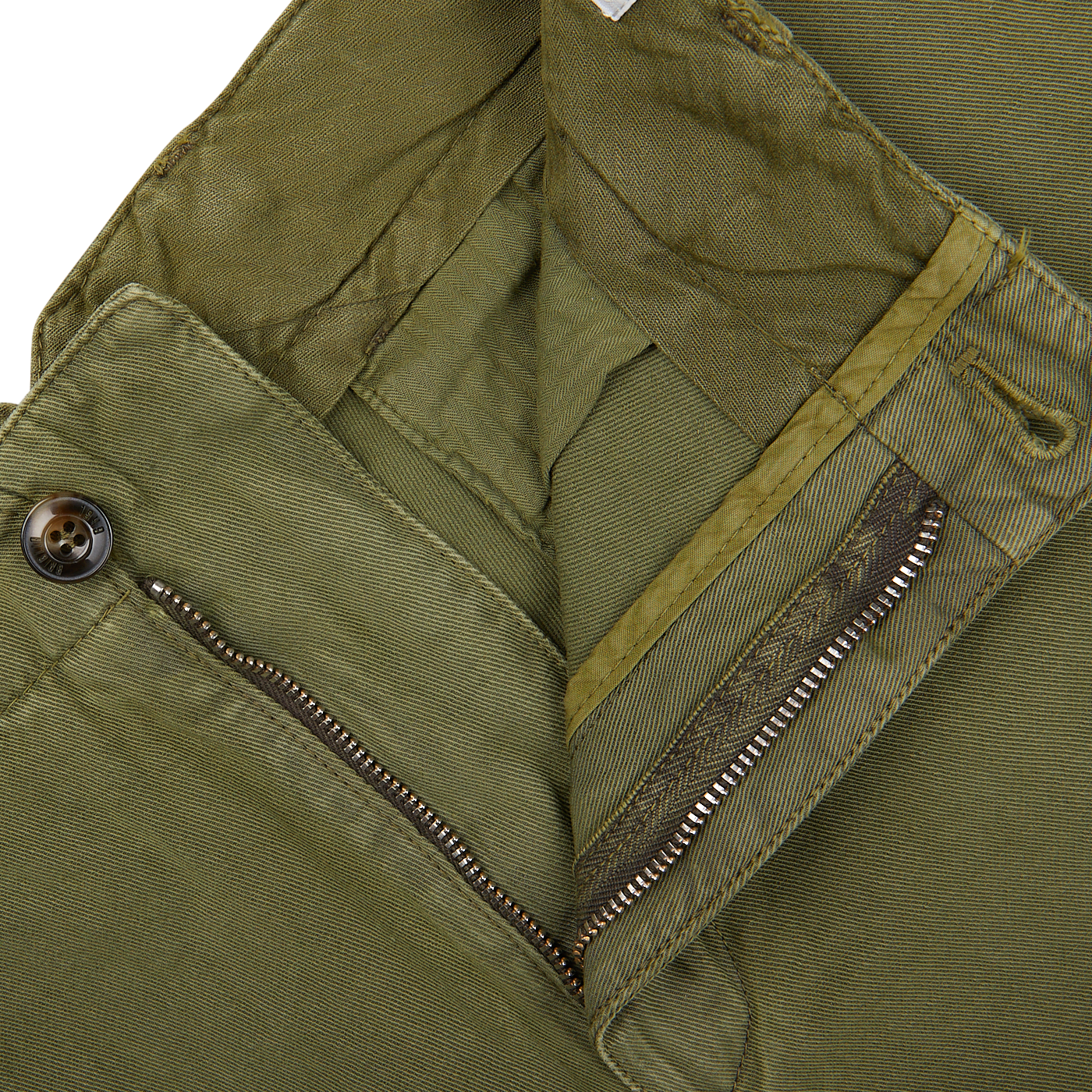 Grass Green Cotton Linen Pleated Shorts by Briglia with a zipper fly, button closure, and an adjustable waistband.