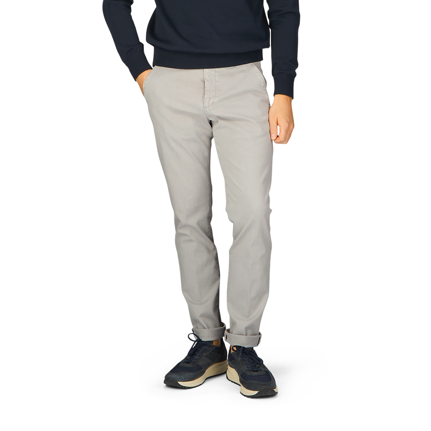 A man wearing Light Grey Cotton Stretch BG62 Casual Chinos from Briglia and a black sweater.
