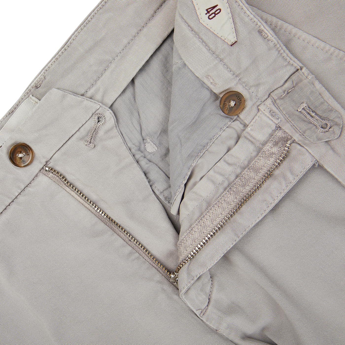 A close up image of Light Grey Cotton Stretch BG62 Casual Chinos crafted by Briglia, an Italian trouser specialist.
