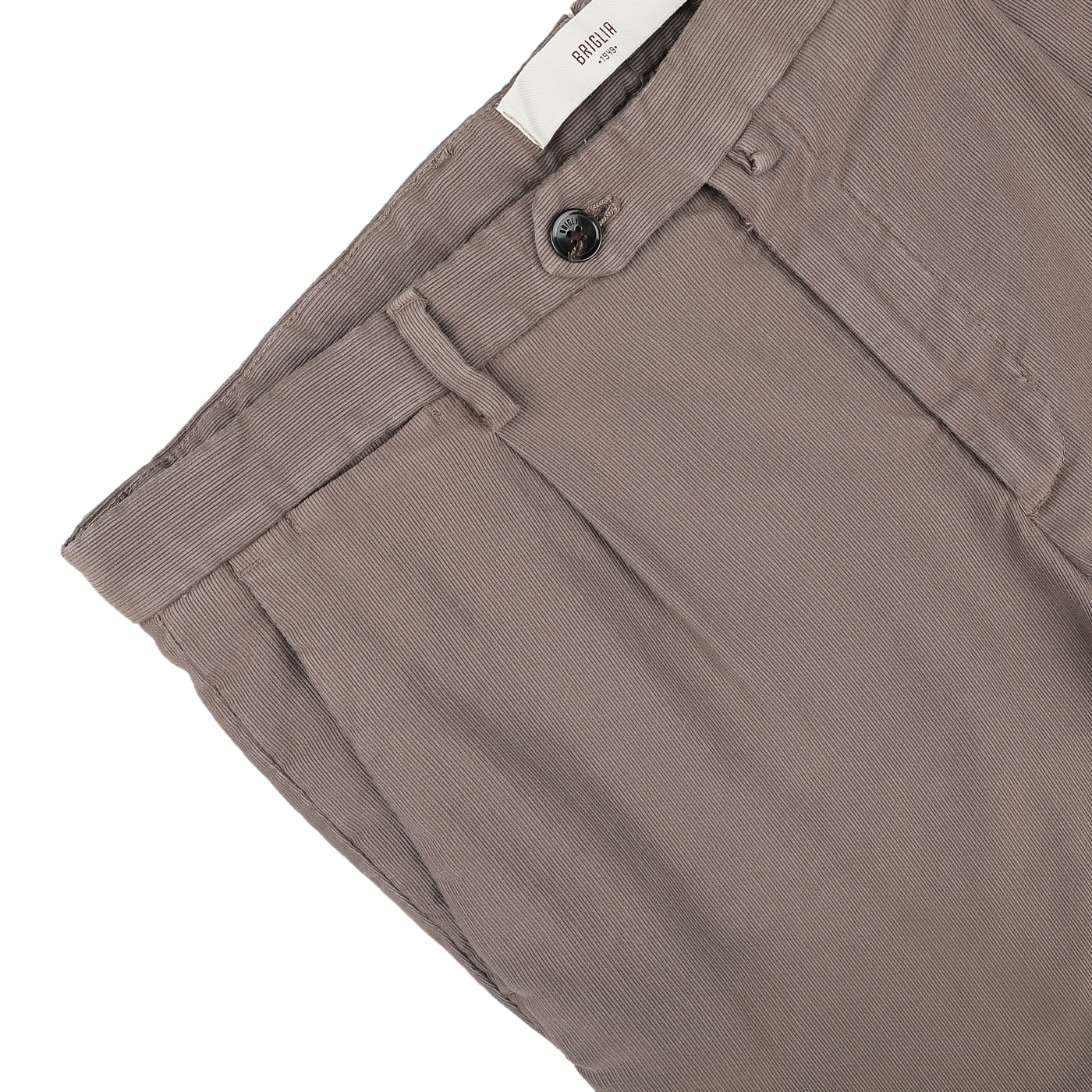 Close-up of the Briglia Mole Brown Cotton BG21 Pleated Trousers, showcasing a button and zipper, meticulously made by an Italian trouser specialist, with a label at the waistband.