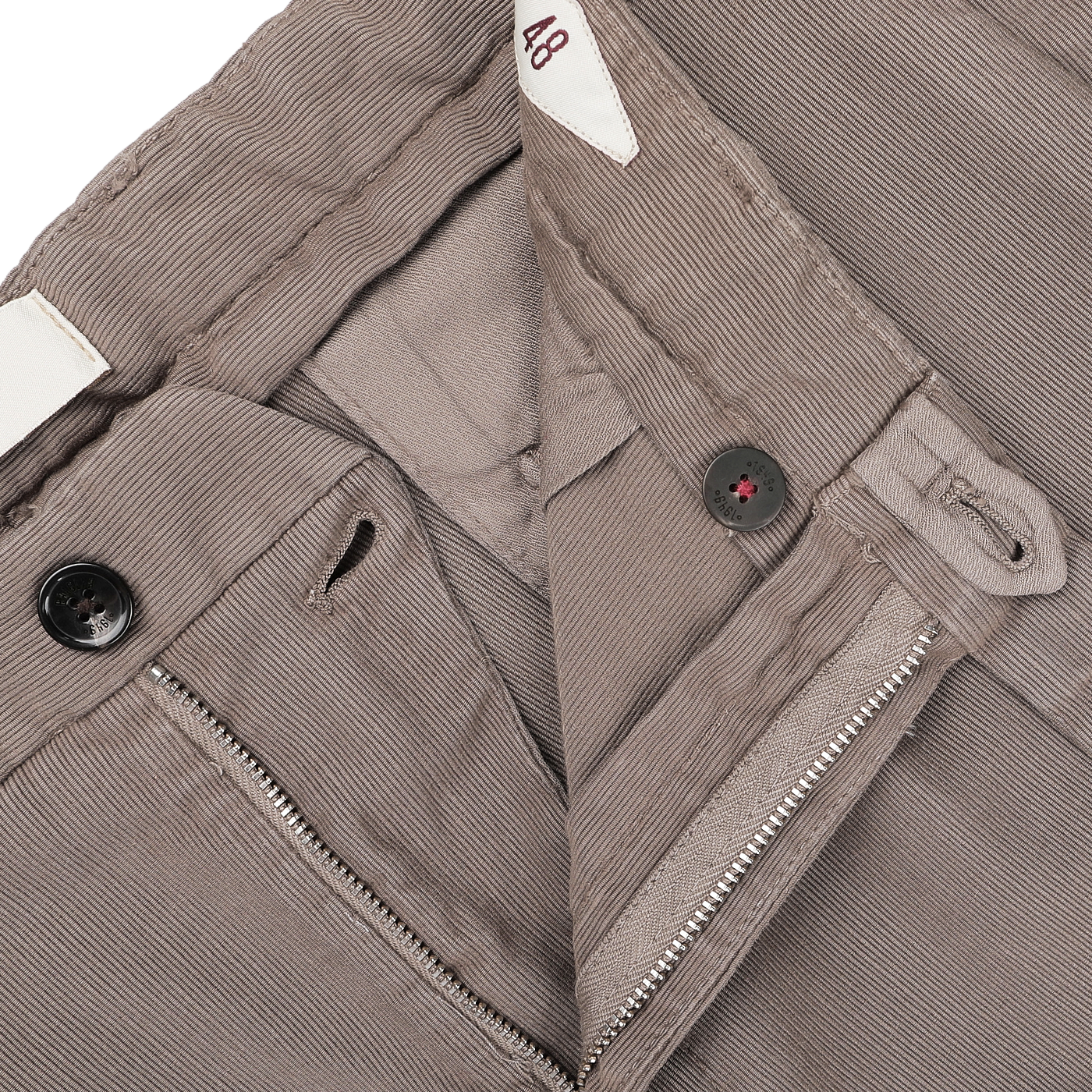 A close-up of the Mole Brown Cotton Twill BG21 Pleated Trousers by Briglia, showcasing the button and zipper details with the finesse of an Italian trouser specialist.