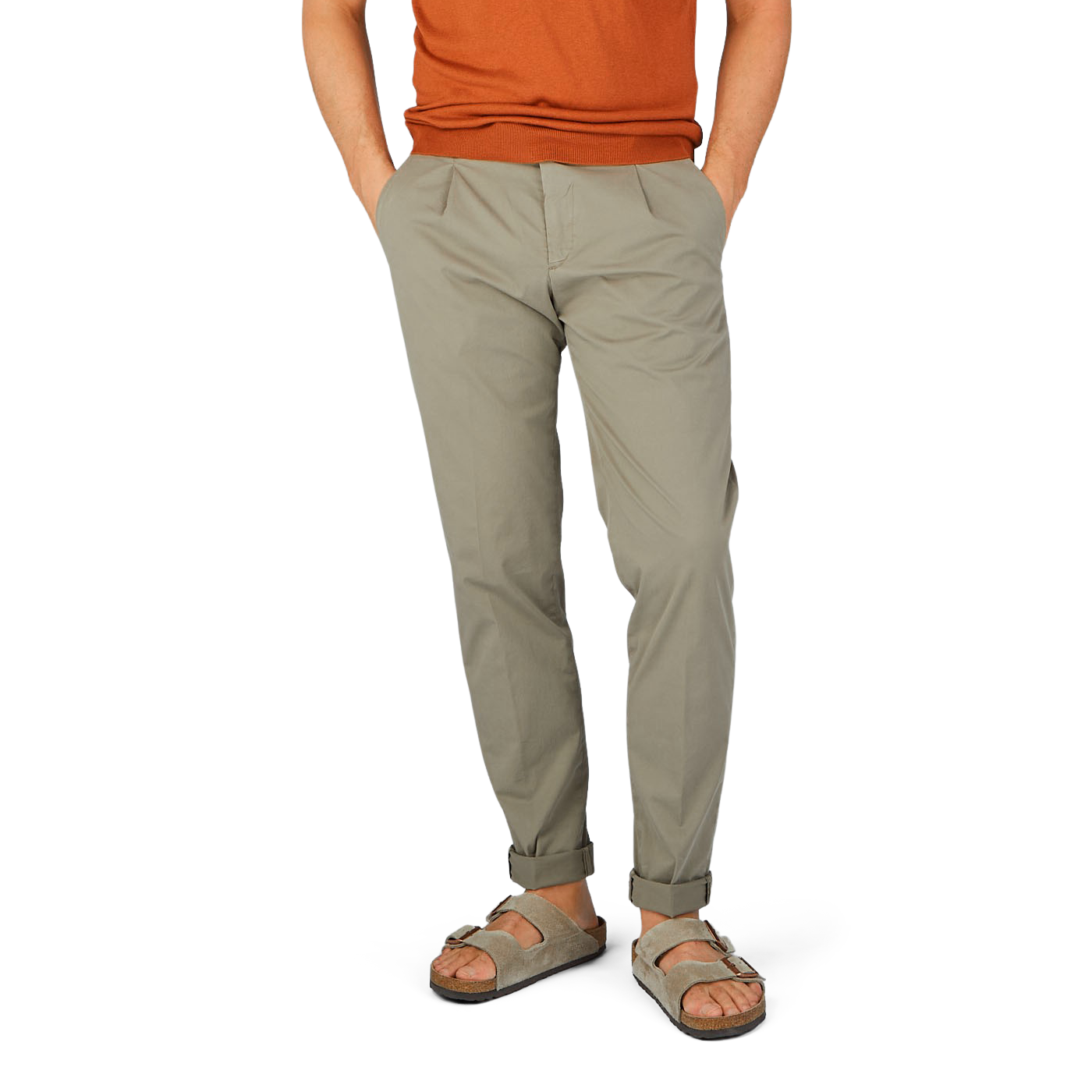 A man wearing Briglia Mole Cotton Stretch BG07 Pleated Chinos and slim fit sandals.