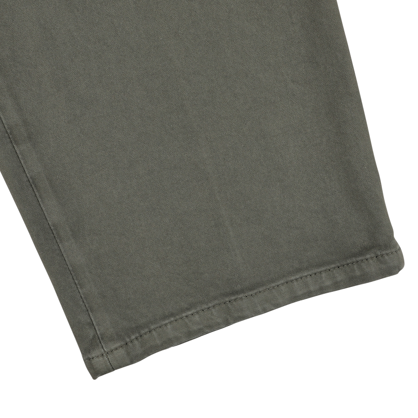 Close-up of the hem of a pair of Briglia Moss Green Cotton Stretch BG62 Trousers, showcasing the stitching along the bottom edge on a plain background.