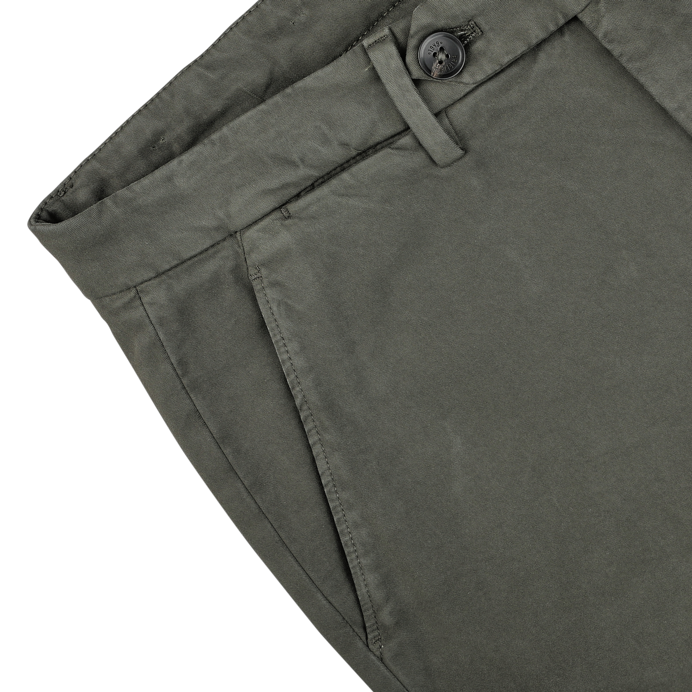 Close-up image of the waist and hip area of a pair of Moss Green Cotton Stretch BG62 Trousers by Briglia, showcasing a button closure and waistband detail in premium cotton twill.