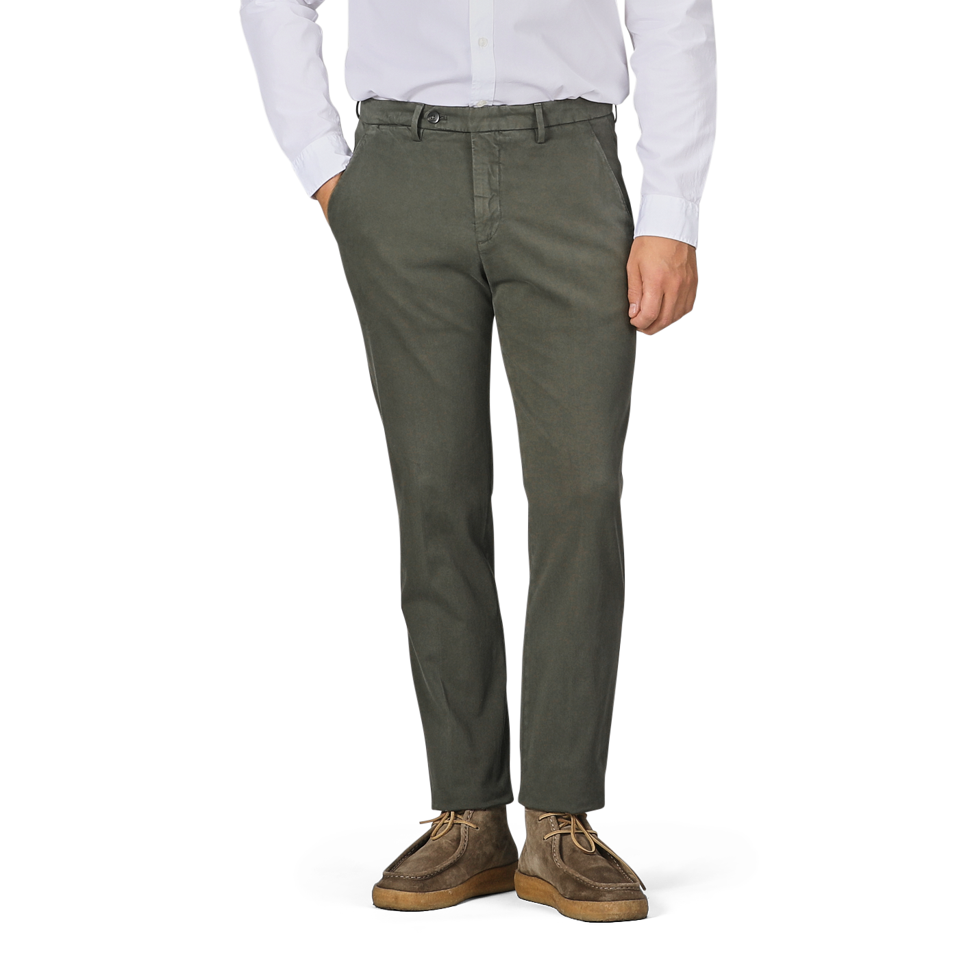 A person wearing a white shirt and Briglia Moss Green Cotton Stretch BG62 Trousers stands with their hands in their pockets. The photo is cropped above the neck and below the ankles.