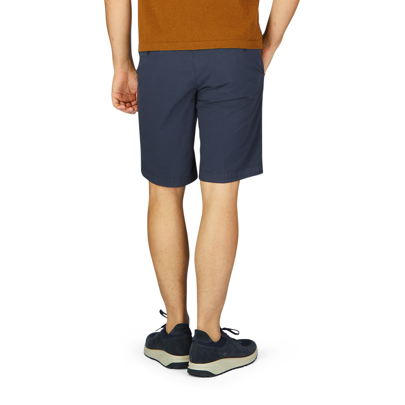 Man standing in Briglia navy blue cotton drawstring Malibu shorts with an adjustable waistband and casual shoes against a neutral background.
