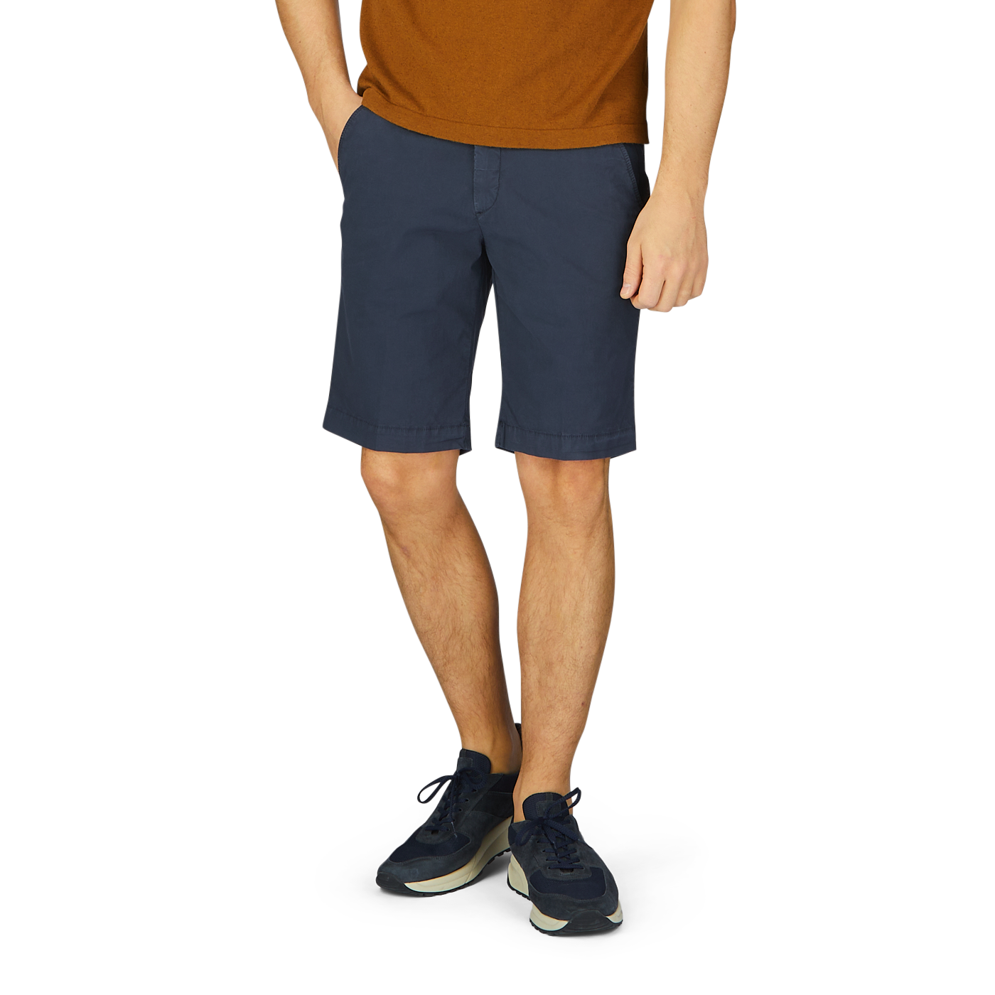 Man standing in Navy Blue Cotton Drawstring Malibu Shorts with an adjustable waistband from Briglia and sneakers.
